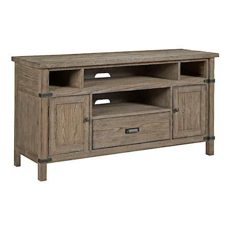 Rustic Weathered Gray Entertainment Console with Electrical Outlet